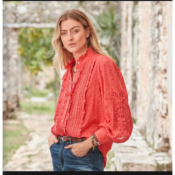 Sundance Tops - Sundance Tiffany Jo Lace Embroidered Button Down Shirt - Papaya - XXL